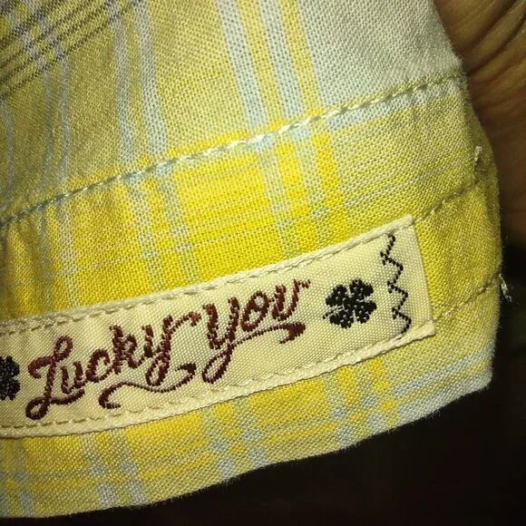 Lucky Brand Men's XXL Western Shirt Pearl Snap Long Sleeve Yellow & Blue Plaid - Picture 6 of 8